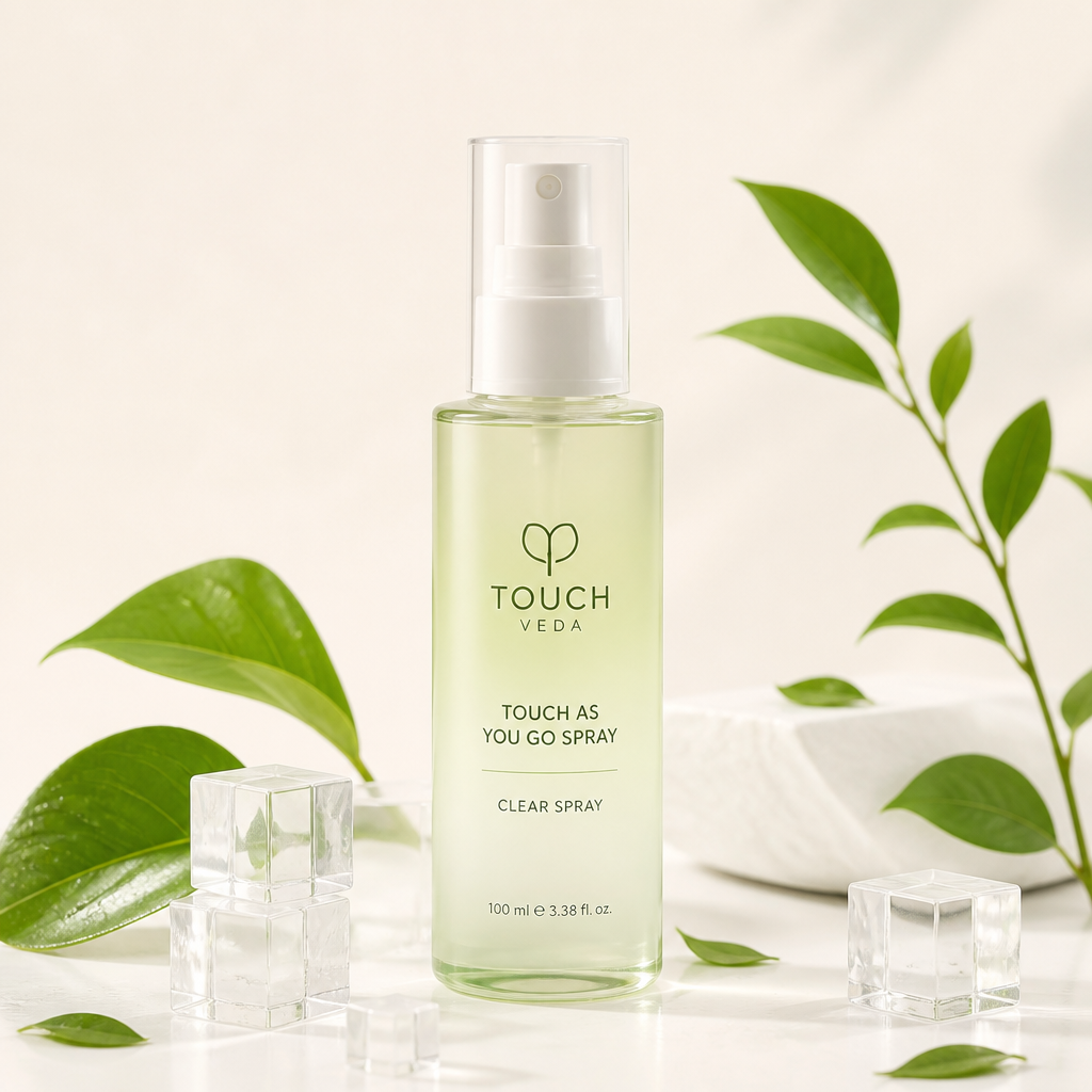 Touchveda Clear Spray Ayurvedic bottle surrounded by fresh green leaves and ice cubes